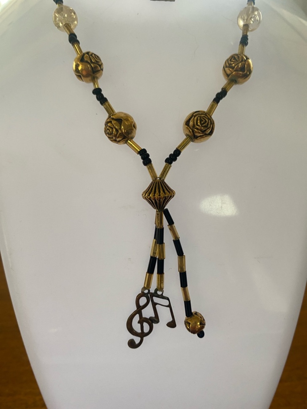 Vintage Gold and Black Musical Charm beaded Necklace